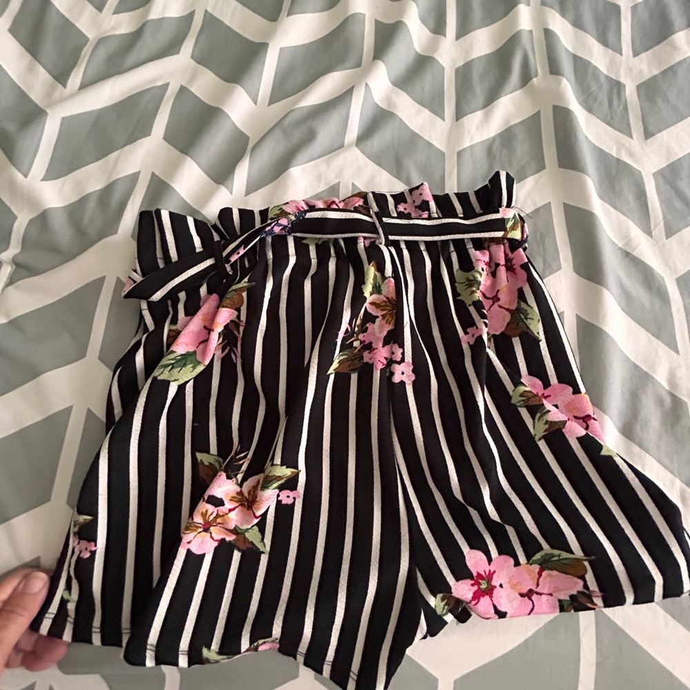 Black and White Striped Floral Shorts